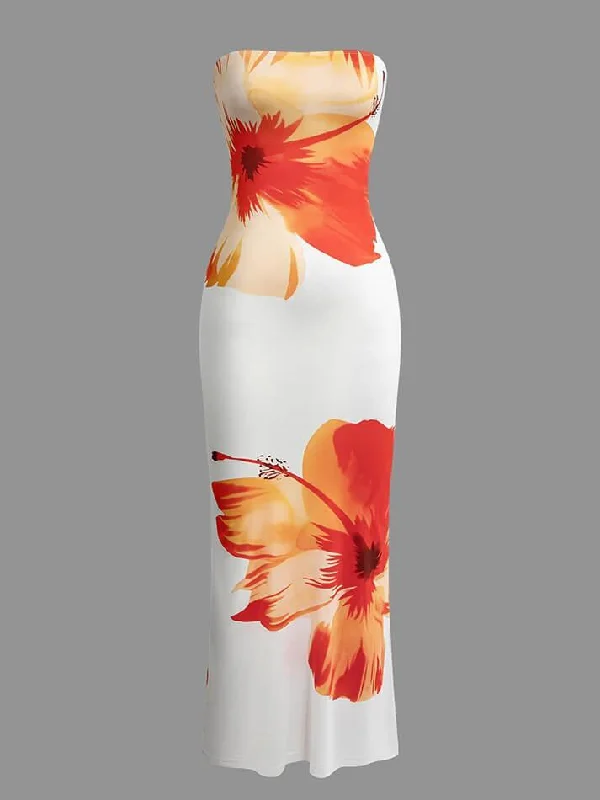 Savings Galore Floral Cascade Strapless Midi Dress