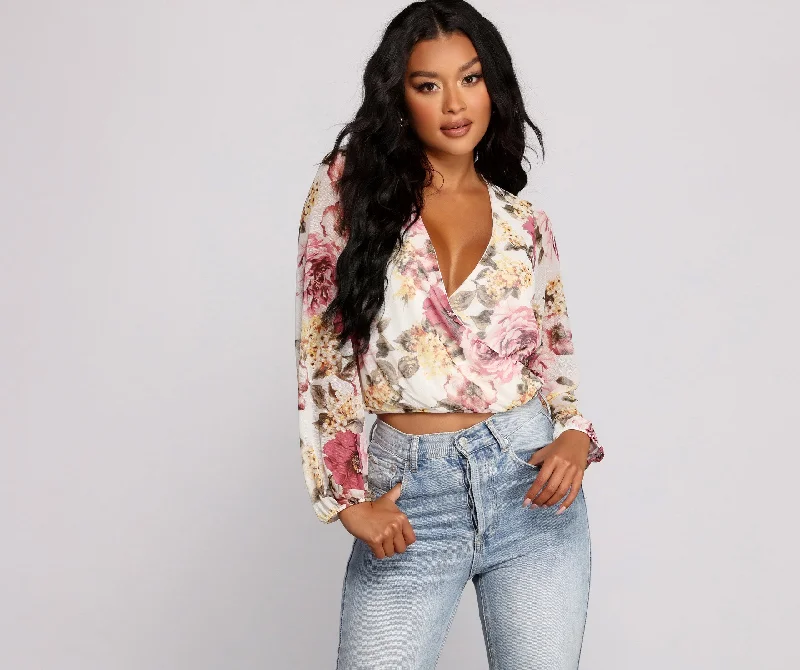 Daily Deals Floral Rush Surplice Mesh Top