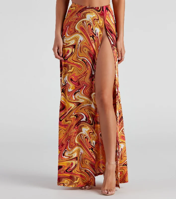 Act Fast Retro Swirls Slit Maxi Skirt