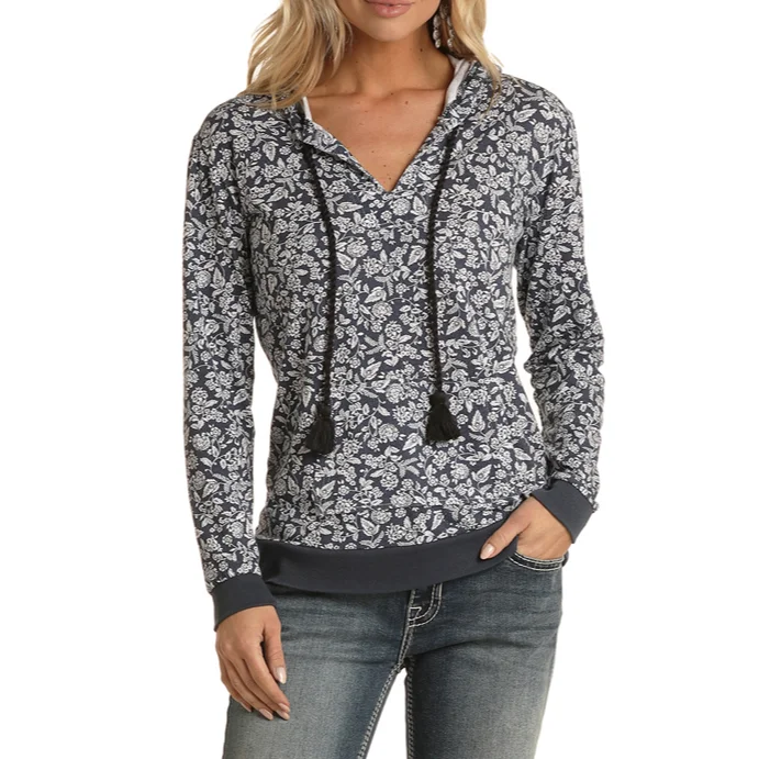 Super Savings Panhandle White Label® Ladies Floral Print Navy Pullover Hoodie WLWT94R012-42