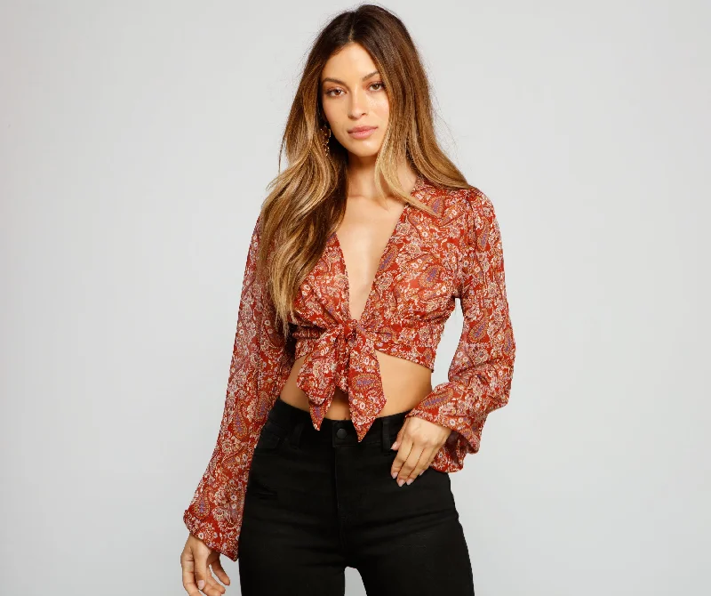 Quick Sale Retro Babe Chiffon Paisley Print Tie-Front Blouse