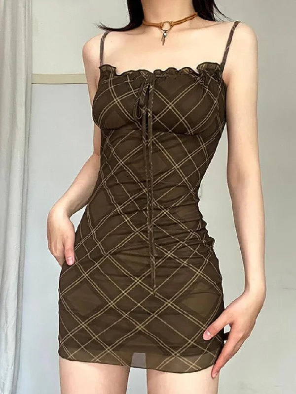 Bargain Blast Vintage Plaid Drawstring Tie Mesh Halter Dress