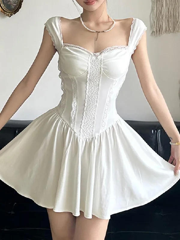 Super Sale Plain Lace Trim Mini A-Line Corset Dress