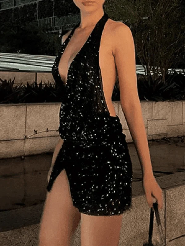Seasonal Sale Split Sequin Halter Party Mini Dress