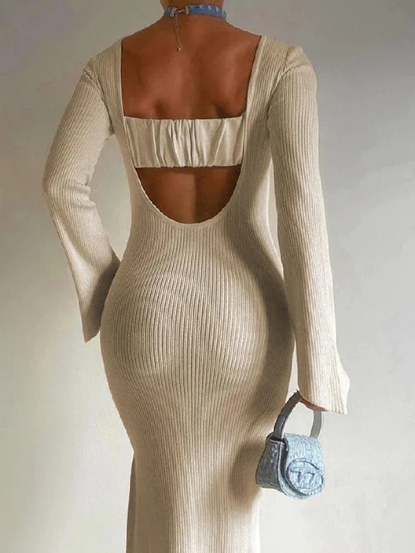Lowest Price Solid Backless Crew Neck Long Sleeve Knit Midi Dress
