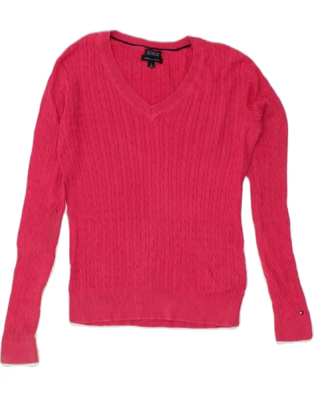 TOMMY HILFIGER Womens V-Neck Jumper Sweater UK 12 Medium Pink Cotton