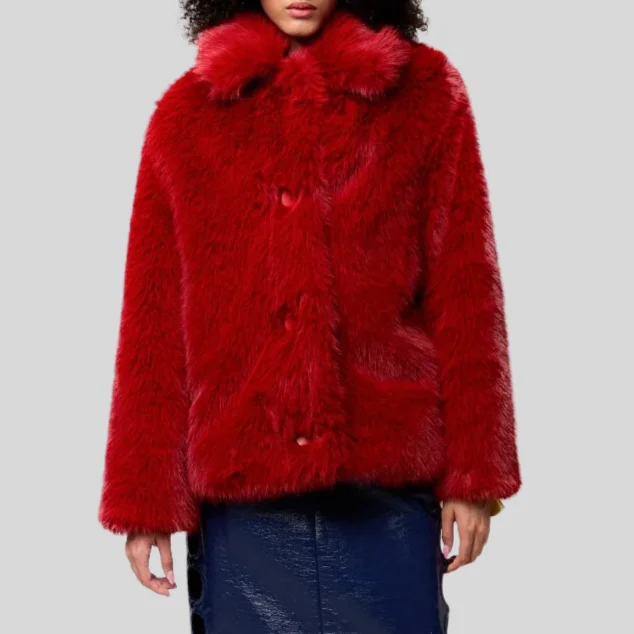 Take Advantage Faux Fur Oversized Collar Jacket - Red